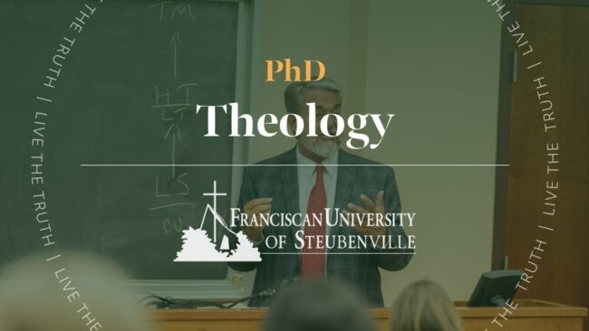 Dr. Scott Hahn teaching in a classroom with text “PhD Theology” and “Franciscan University of Steubenville,” with “Live the Truth” around the border.