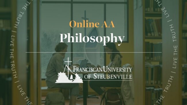 Two students studying at a table in a library with text “Online AA Philosophy” and “Franciscan University of Steubenville,” with “Live the Truth” around the border.