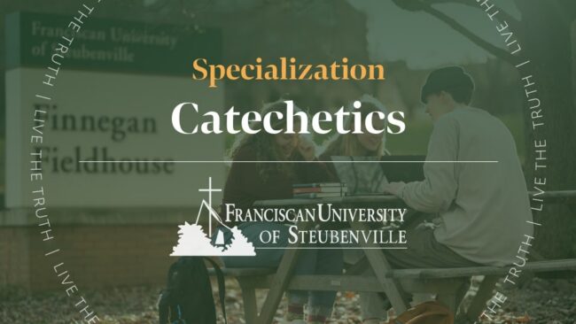 Three students studying at an outdoor table with books with text “Specialization Catechetics” and “Franciscan University of Steubenville,” with “Live the Truth” around the border.