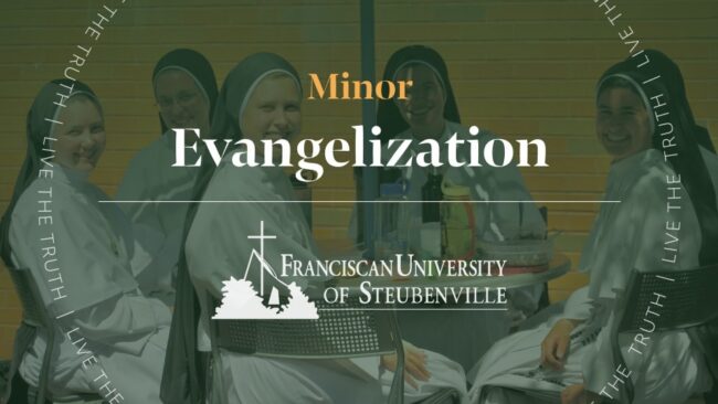 Four women in religious habits sitting together outdoors with text “Minor Evangelization” and “Franciscan University of Steubenville,” with “Live the Truth” around the border.