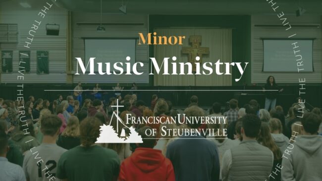 Students gathered for worship with musicians on stage and a cross, with text “Minor Music Ministry” and “Franciscan University of Steubenville,” with “Live the Truth” around the border.