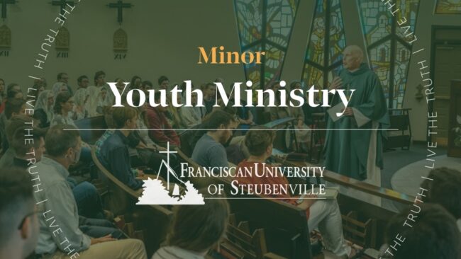 A priest teaching students in a chapel with stained glass windows with text “Minor Youth Ministry” and “Franciscan University of Steubenville,” with “Live the Truth” around the border.